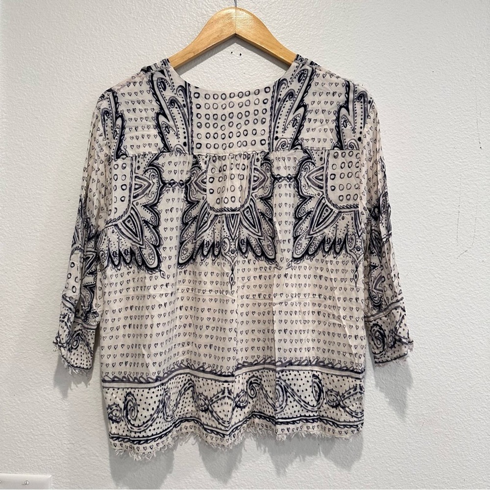Maeve Anthropologie Morgan Heart Fringe Top in Blue Cream Sz XS - Picture 3 of 8